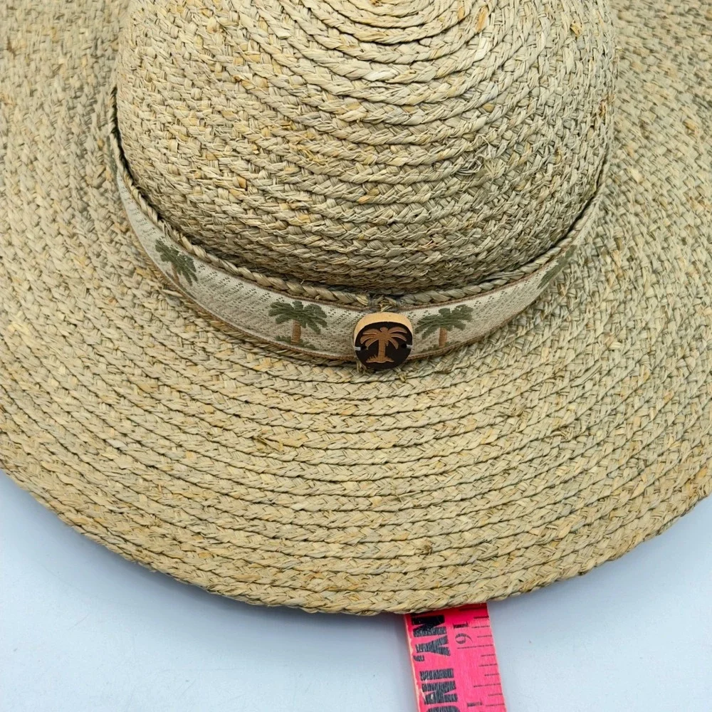 Scala Collection Straw Sun Hat Tan Wide Brim Palm Tree Embroidered Band Coastal